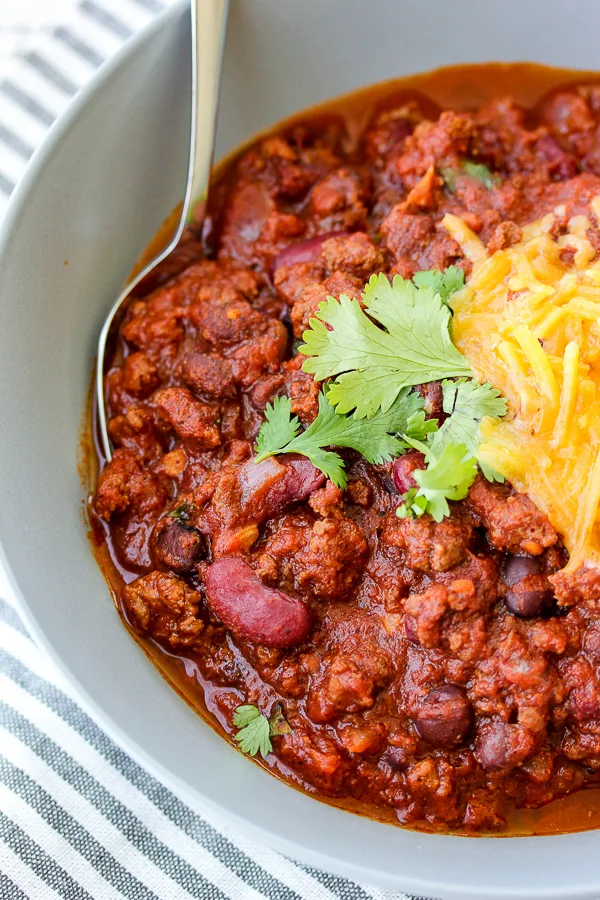 Close up overhead photo of Easy Two Bean Beef Chili