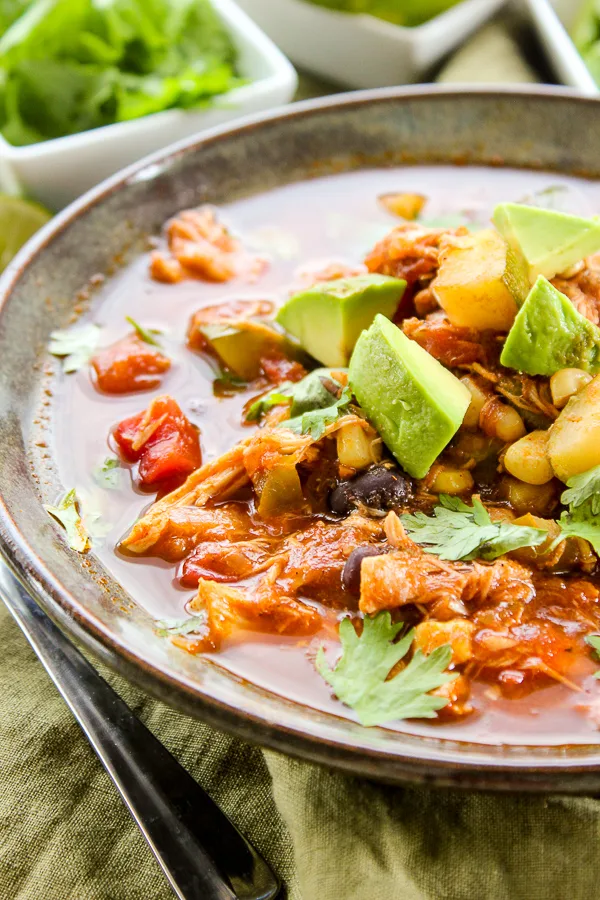 Up close photo of Mexican two bean chili served in a bowl