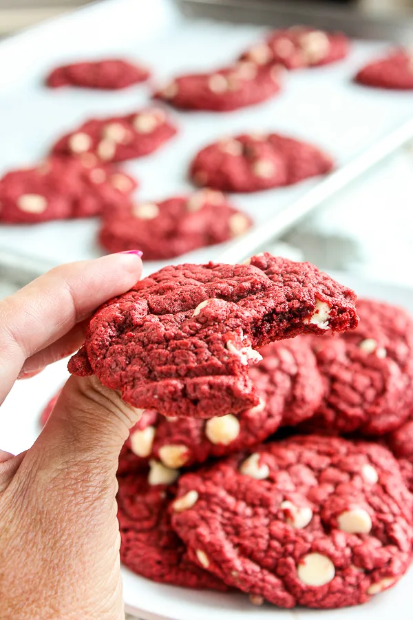 Finished Red Velvet Cookie with a bite taken out
