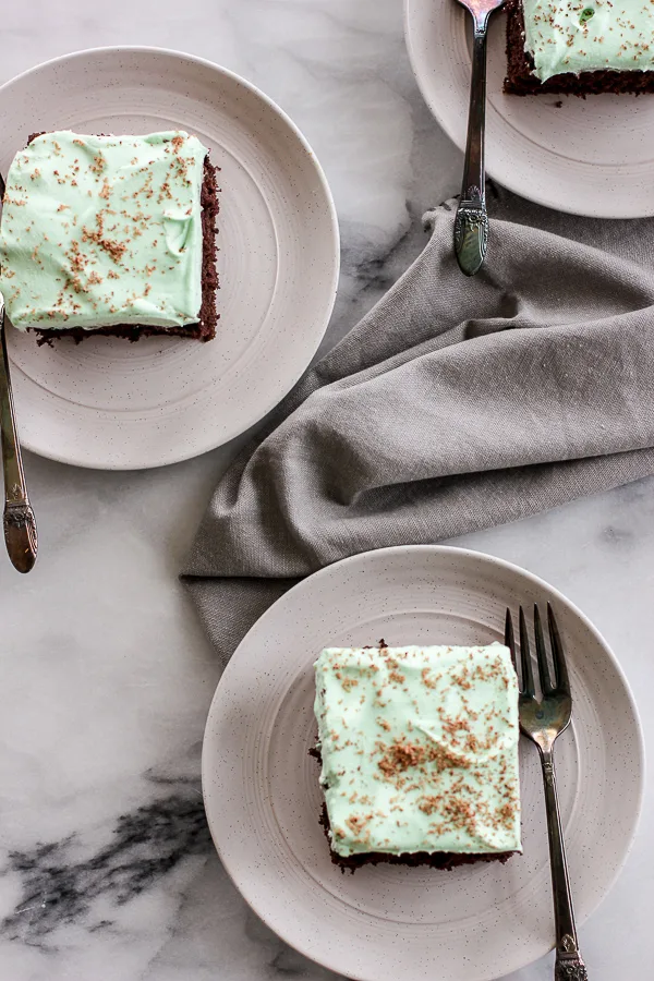 Overhead shot of slices of Chocolate Creme de Menthe Cake
