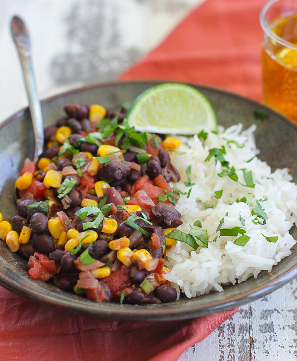 Close up of plated black beans and rice