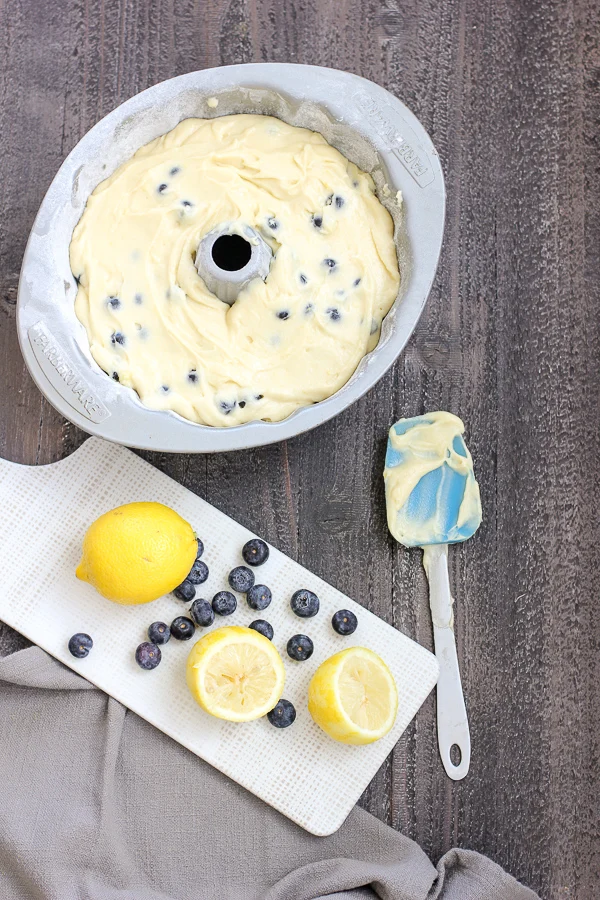 batter shown in bundt pan before baking