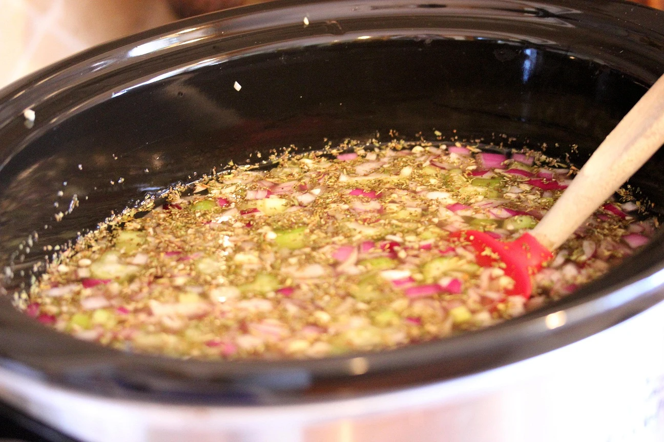 Ingredients in the slow cooker before cooking