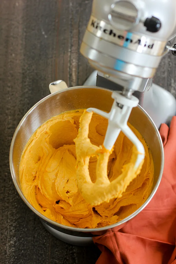 Cake mixture in the mixing bowl of a stand mixer