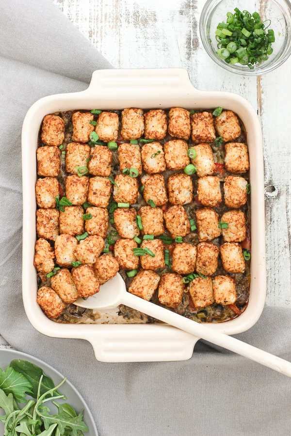 A Healthier Tator Tot Casserole in finished in the baking dish