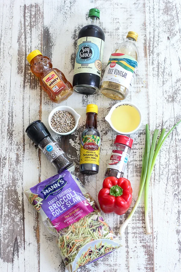 The ingredients needed to make the Asian broccoli slaw