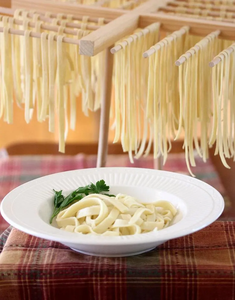 Homemade fettuccine pasta hanging on a rack to dry along with cooked pasta in a bowl for the homemade Italian dinner 