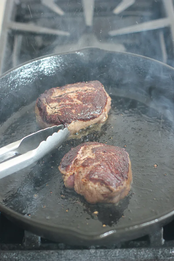 Searing the Filet mignon in a cast iron skillet 