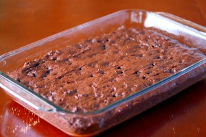 Chocolate banana snack cake in the baking pan after baking