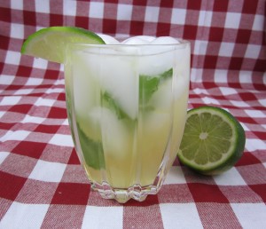 mojito garnished with lime on a red checkered table cloth