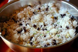 The fiesta rice after all of the ingredients have been stirred into it.