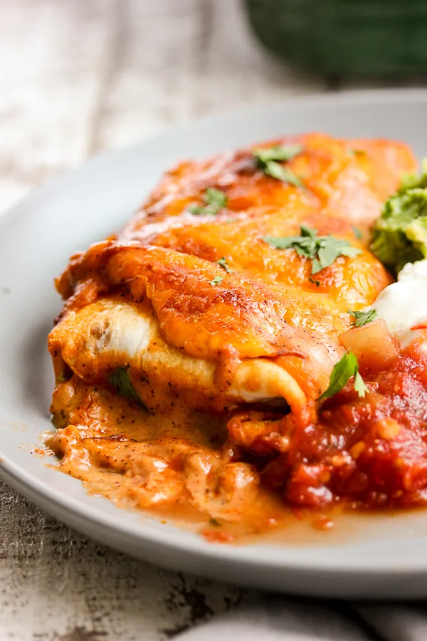 Close up of plated Chicken Enchiladas