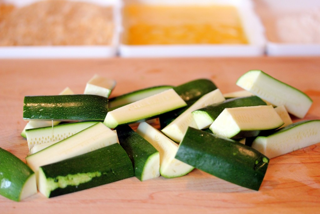 Zucchini cut into "fries" before breading