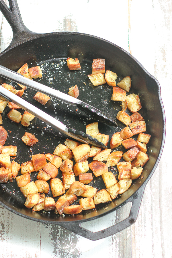 Toasted Croutons in a skillet