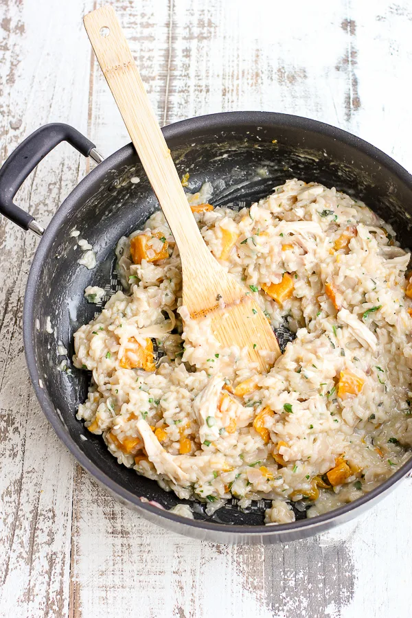 Risotto cooking in the skillet