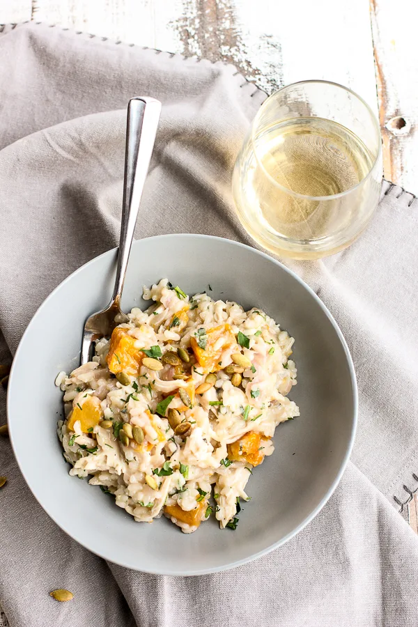 Overhead photo of plated Turkey and Roasted Sweet Potato Risotto