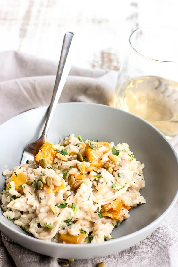 Turkey and Roasted Sweet Potato Risotto served with white wine