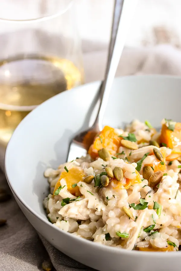 Close up photo of Turkey and Roasted Sweet Potato Risotto