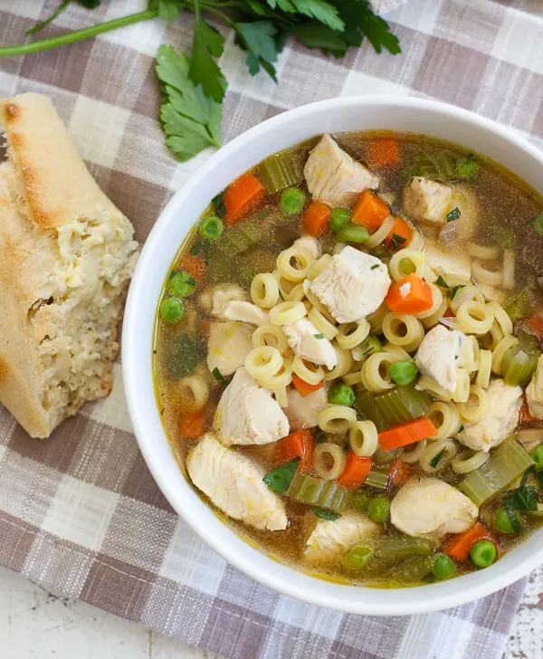 Lemon Dill Chicken Noodle soup serve with crusty bread.