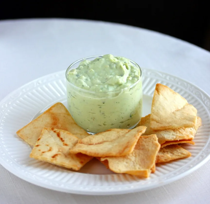 A second view of the finished dip with the pita chips