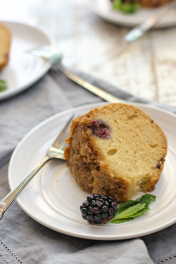 Close up photo of dairy free blackberry coffee cake plated