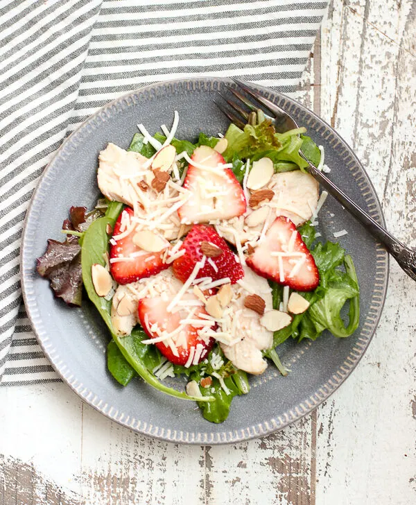 Overhead photo of plated chicken strawberry salad