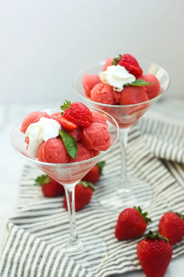 Strawberry Basil Sorbet served in martini glasses