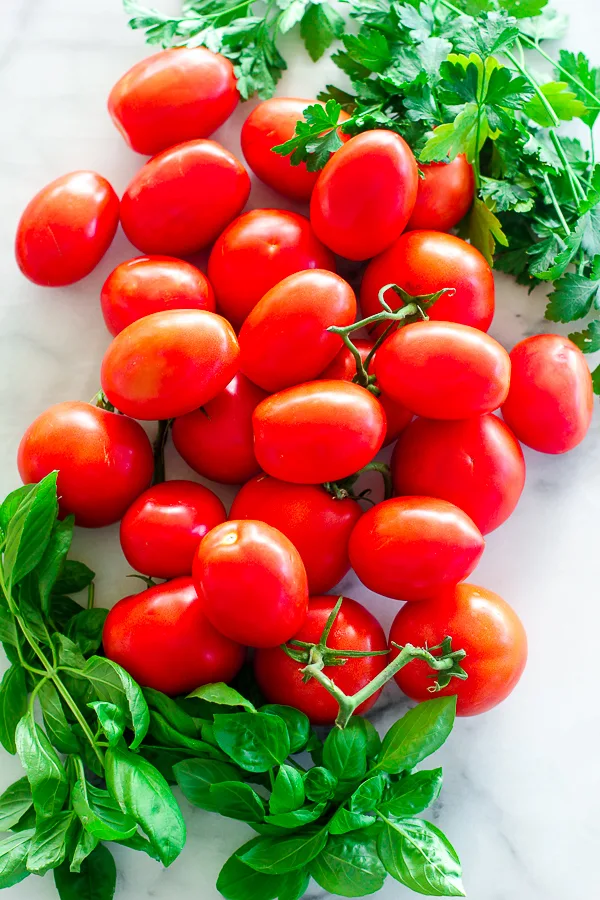 Decorative photo of tomatoes and fresh herbs