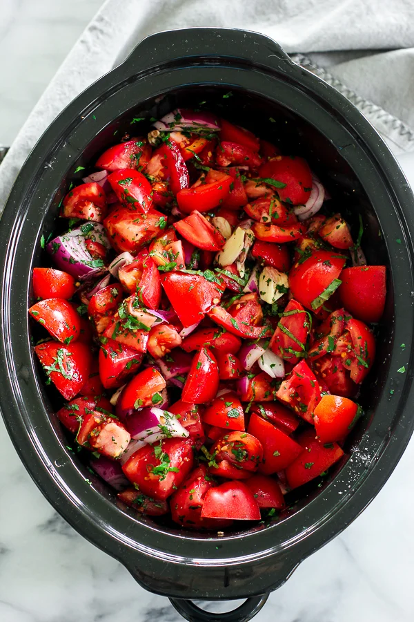 Ingredients in the slow cooker prior to cooking