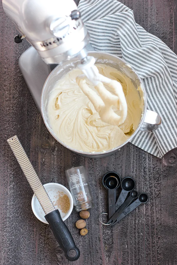 Photo of eggnog poundcake batter in the mixing bowl