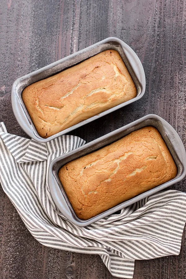 Photo of eggnog pound cakes baked and in the loaf pans