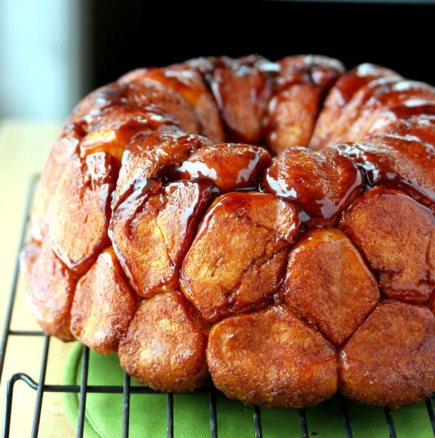 Monkey Bread out of the pan on a cooking rack before being glazed