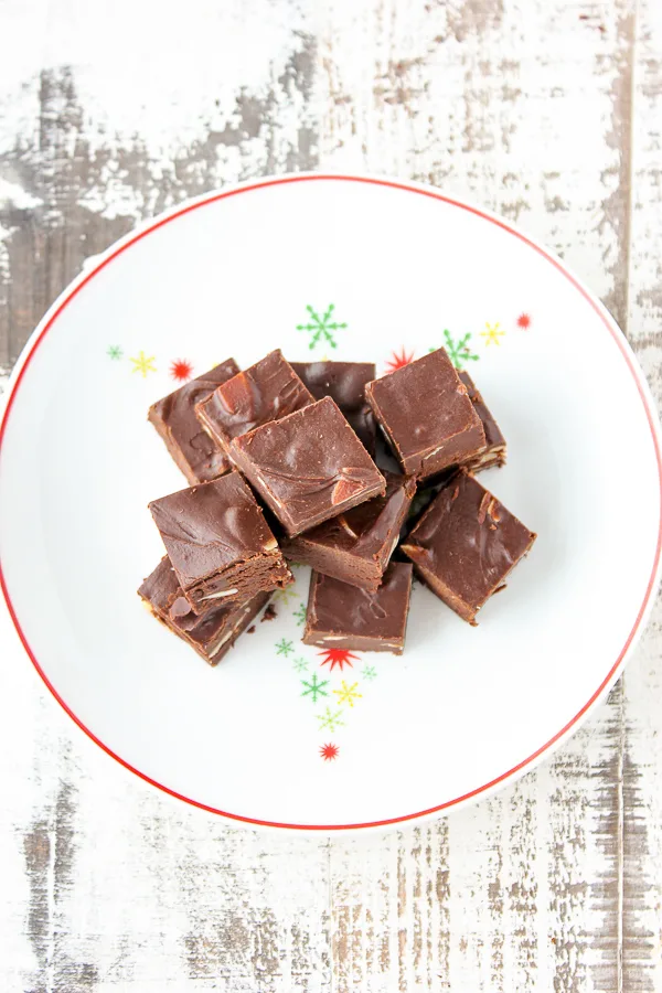 The World's Easiest Fudge cut and plated on a holiday plate