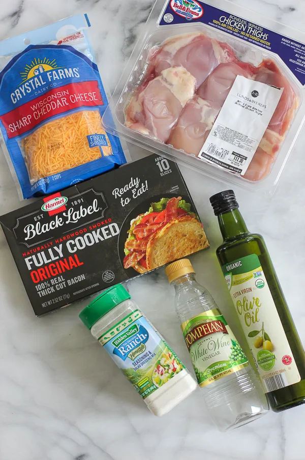 Ingredients needed to make the cheddar cheese ranch chicken thighs with bacon recipe.