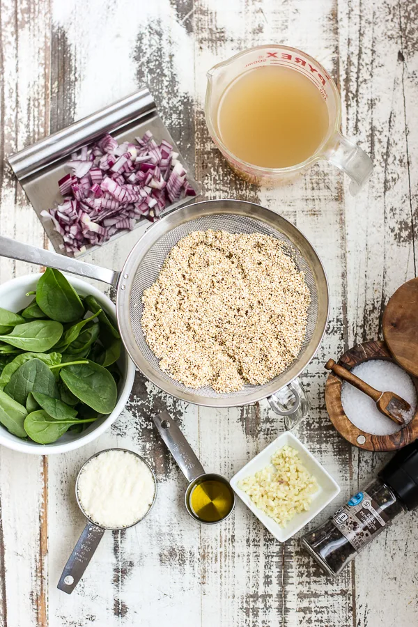 Ingredients needed to make spinach Parmesan Quinoa