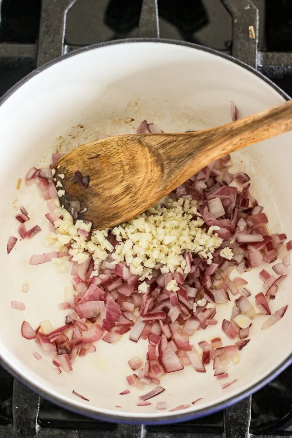 Sautéing onions and garlic in the pan