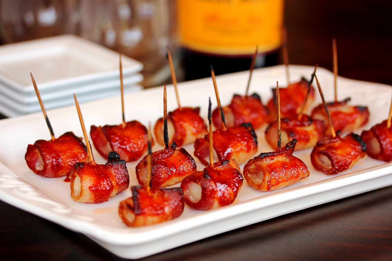 Plated bacon wrapped water chestnuts