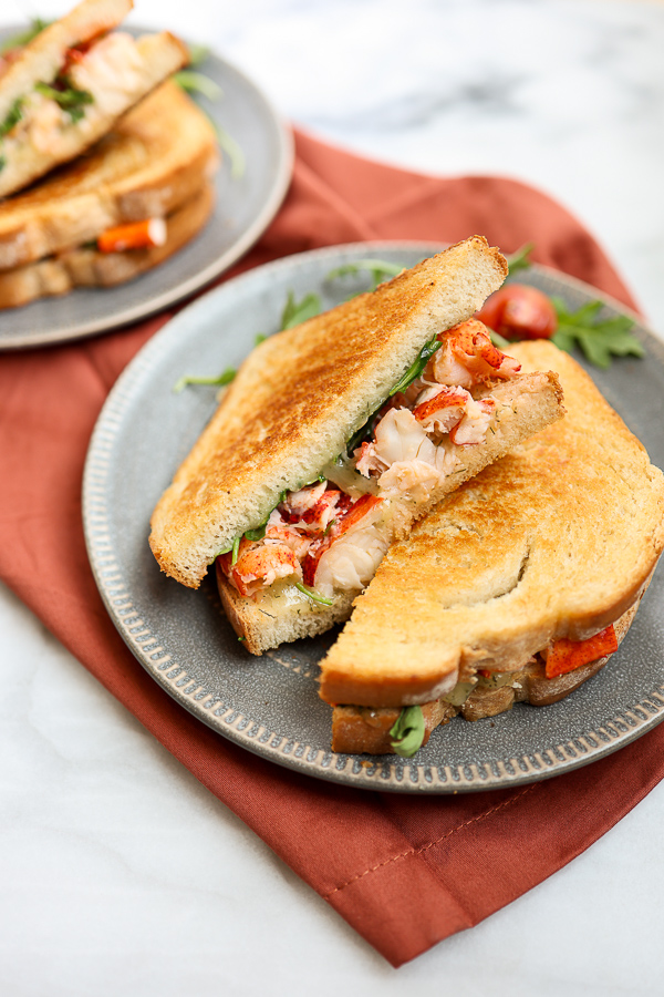 Close up highlighting the lobster in the sandwich
