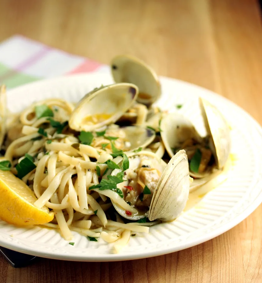 Linguine and clams plated and ready to serve