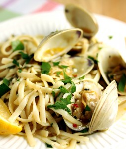 Close up of plated linguine and clams