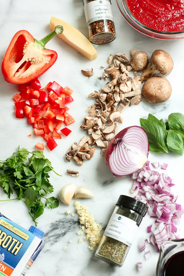 A display of the ingredients that go into turkey veggie bolognese.