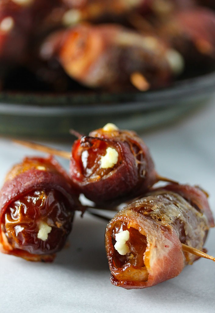 Close up of finished bacon wrapped chèvre stuffed dates
