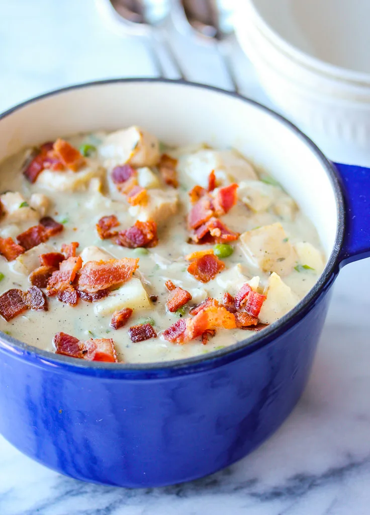 Chicken and potato chowder in the cooking pot