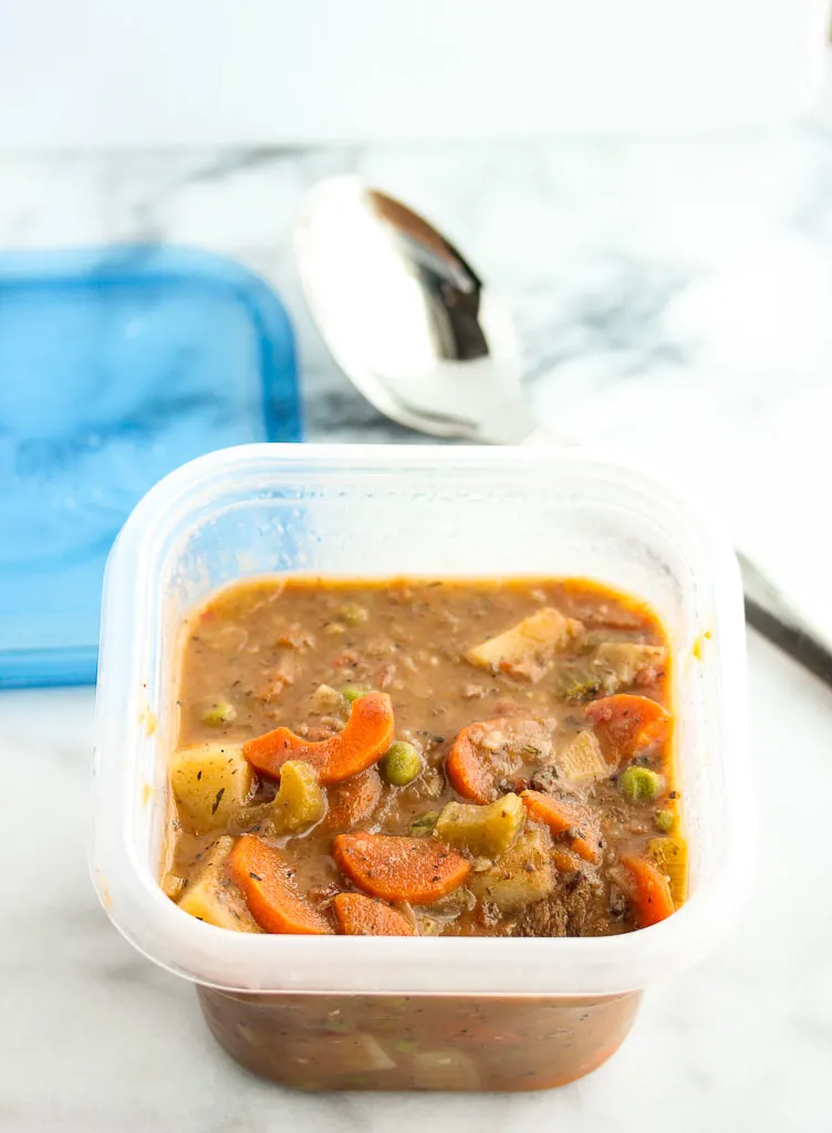 Stew in a plastic container for meal prep