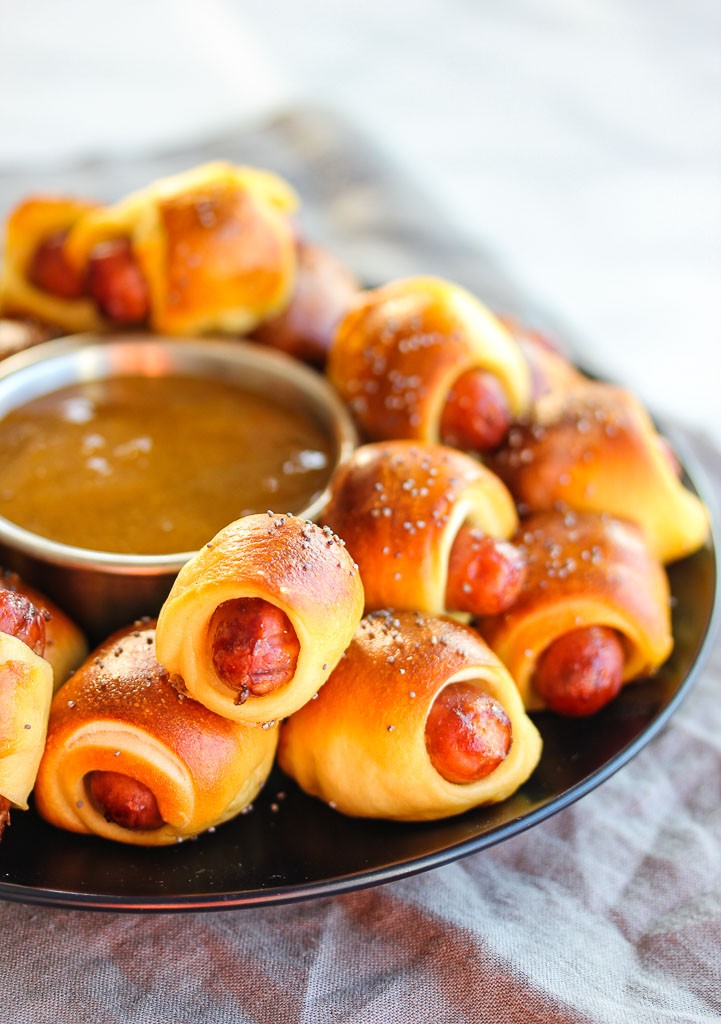 Photo of MIni Pretzel Dogs with Apricot Mustard Sauce on a serving plate