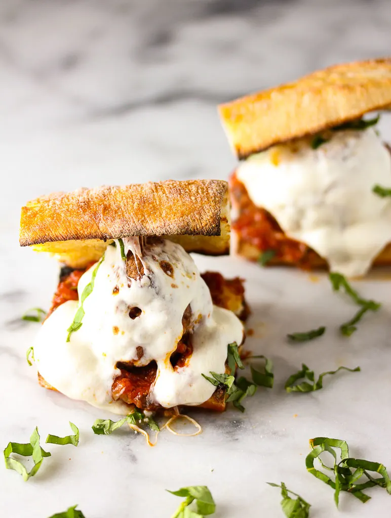 Close up of meatball sub ready to serve.