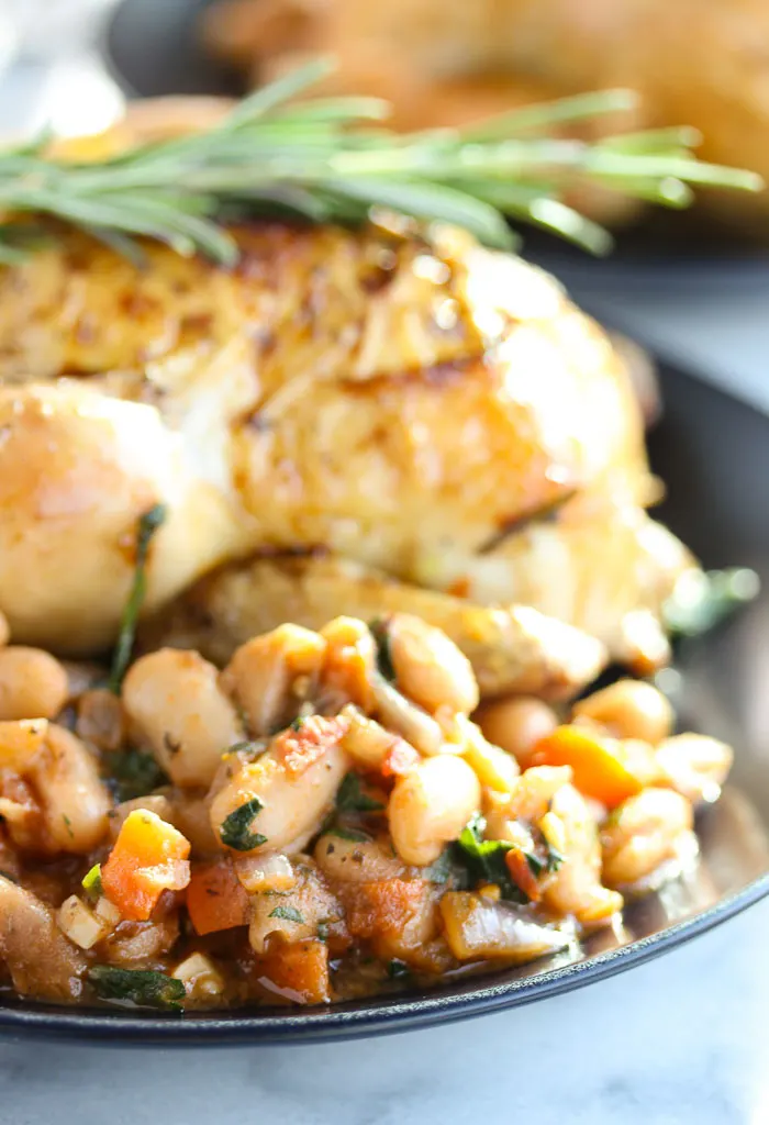 Roasted cornish game hens with white bean ragout