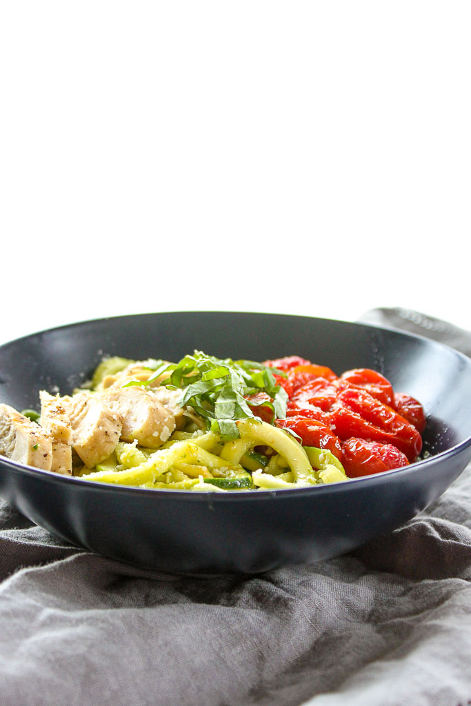 Zucchini Noodles with Roasted Tomatoes, Chicken and Pesto - Lisa's Dinnertime Dish