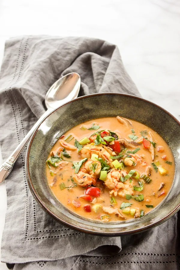 Overhead photo of the shrimp coconut curry soup in a bowl