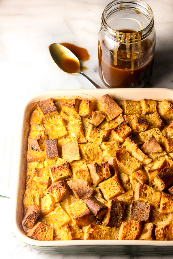 Pumpkin Pie Bread Pudding with Homemade Salted Caramel Sauce